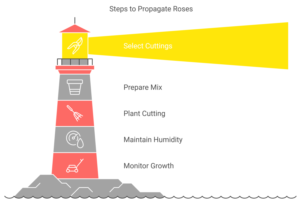 Infographic showing the step-by-step process for propagating roses from cuttings, including selecting cuttings, preparing soil, planting, maintaining humidity, and monitoring growth.